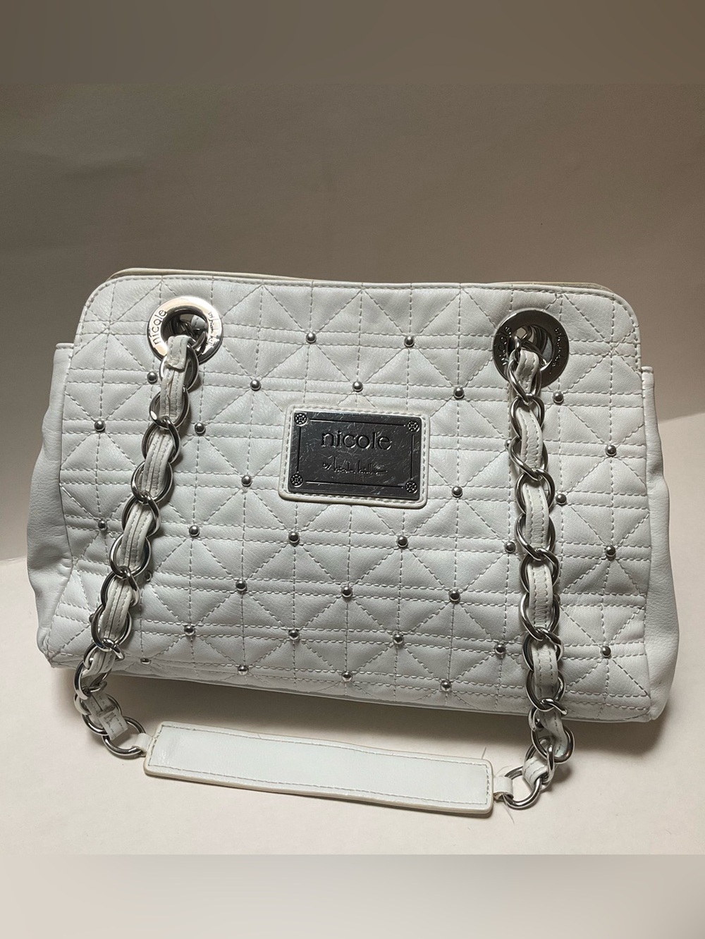 Nicole Miller studded White Quilted Faux Leather Shoulder Bag W/ dual Chain